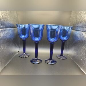 Set of 4 Vintage Cobalt Blue Tall 8.75" Thick Stem Water/Wine Goblets
